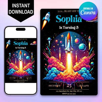 Outer Space Rocket Ship Birthday Invitation Template - CreativeRino