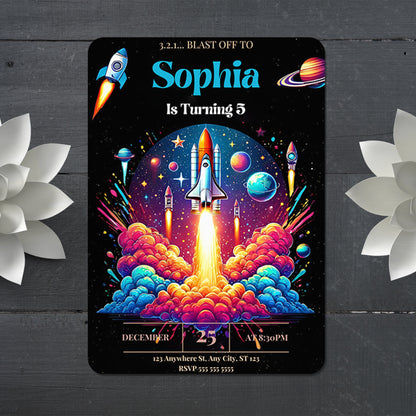 Outer Space Rocket Ship Birthday Invitation Template - CreativeRino