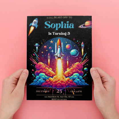 Outer Space Rocket Ship Birthday Invitation Template - CreativeRino