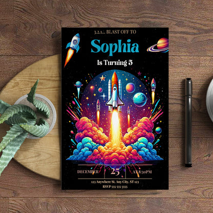 Outer Space Rocket Ship Birthday Invitation Template - CreativeRino