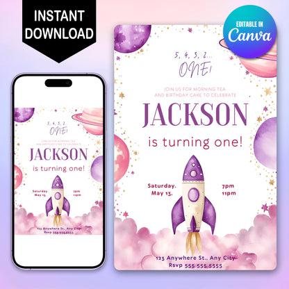 Outer Space Rocket Ship Birthday Invitation Template - CreativeRino