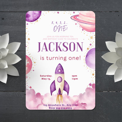 Outer Space Rocket Ship Birthday Invitation Template - CreativeRino
