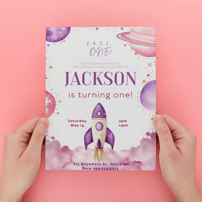 Outer Space Rocket Ship Birthday Invitation Template - CreativeRino