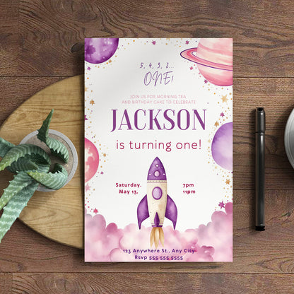 Outer Space Rocket Ship Birthday Invitation Template - CreativeRino