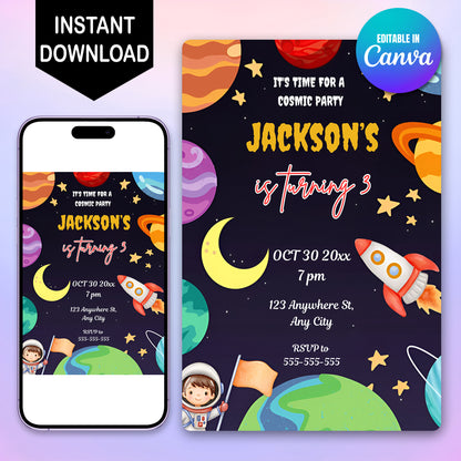 Outer Space Rocket Ship Birthday Party Invitation Template - CreativeRino