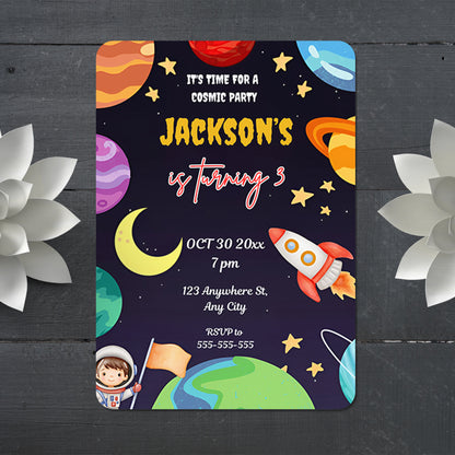 Outer Space Rocket Ship Birthday Party Invitation Template - CreativeRino