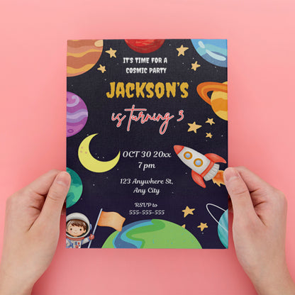 Outer Space Rocket Ship Birthday Party Invitation Template - CreativeRino