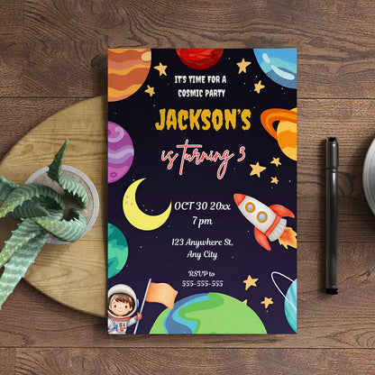 Outer Space Rocket Ship Birthday Party Invitation Template - CreativeRino