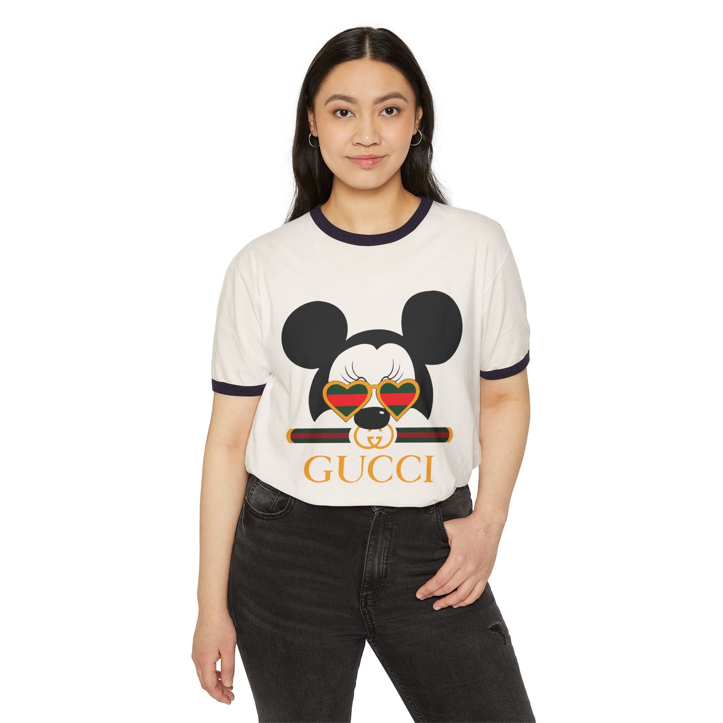 Trendy Unisex Cotton Ringer T-shirt with Cool Mickey Gucci Design - CreativeRino