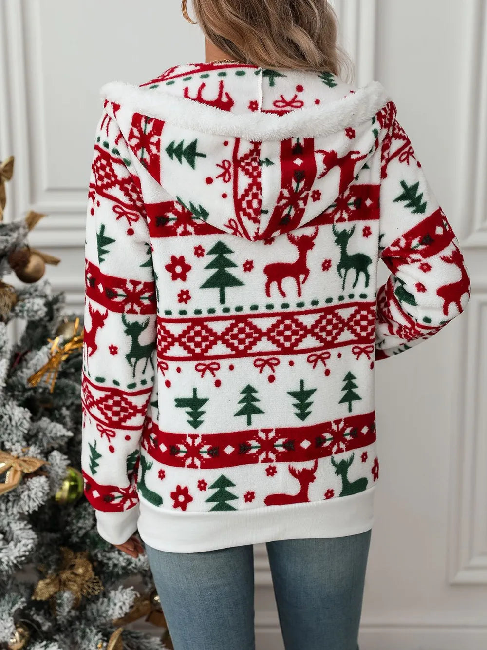 Festive Christmas Tree & Deer Zip-Up Hoodie | Drawstring Hooded Jacket eprolo
