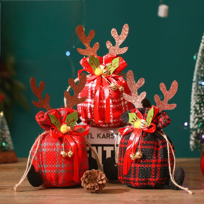 Antlers & Plaid Christmas Apple Bag | Children's Christmas Eve Gift Bag | Kindergarten Candy & Small Present Pouch eprolo