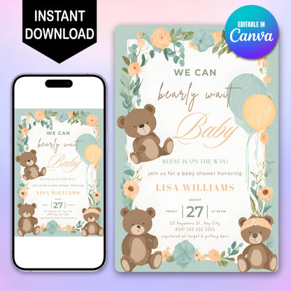 We Can Bearly Wait Baby Shower Invitation Template - CreativeRino