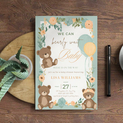 We Can Bearly Wait Baby Shower Invitation Template - CreativeRino