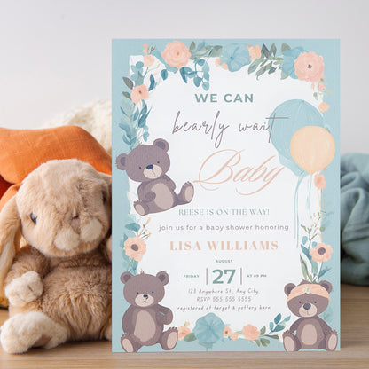 We Can Bearly Wait Baby Shower Invitation Template - CreativeRino
