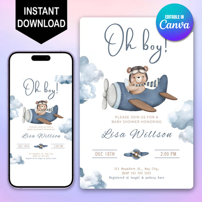 Airplane Baby Shower Invitation Template - CreativeRino