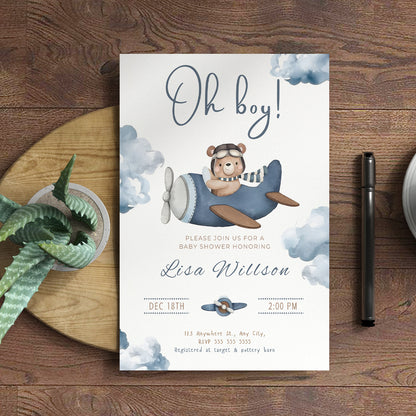 Airplane Baby Shower Invitation Template - CreativeRino