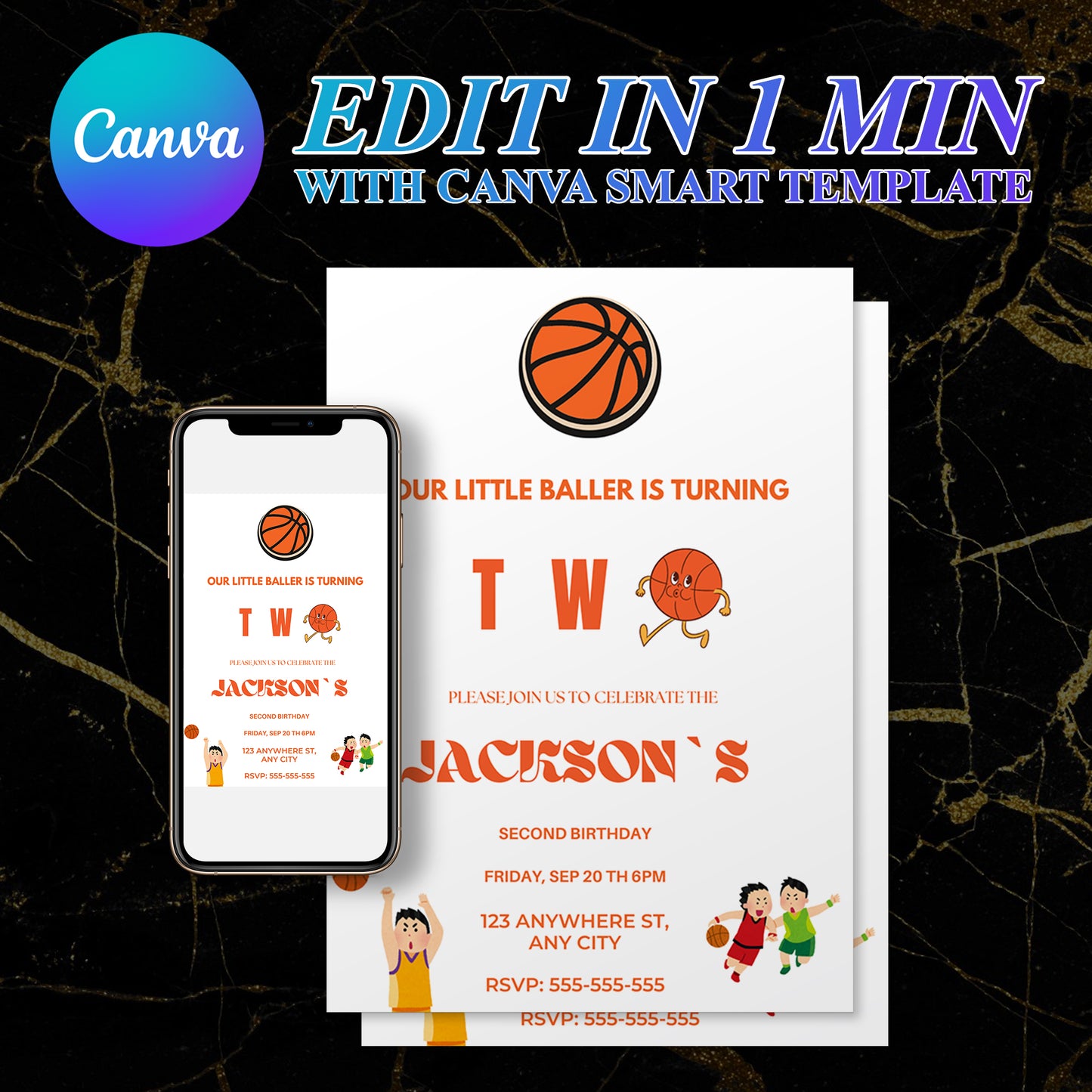 Rookie Of The Year Basketball Second Birthday Invitation Template | Our little baller turns two - CreativeRino