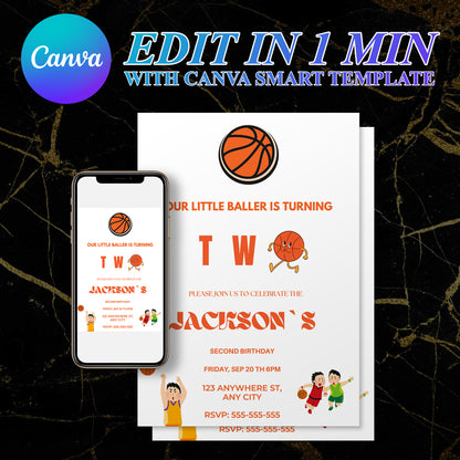Rookie Of The Year Basketball Second Birthday Invitation Template | Our little baller turns two - CreativeRino