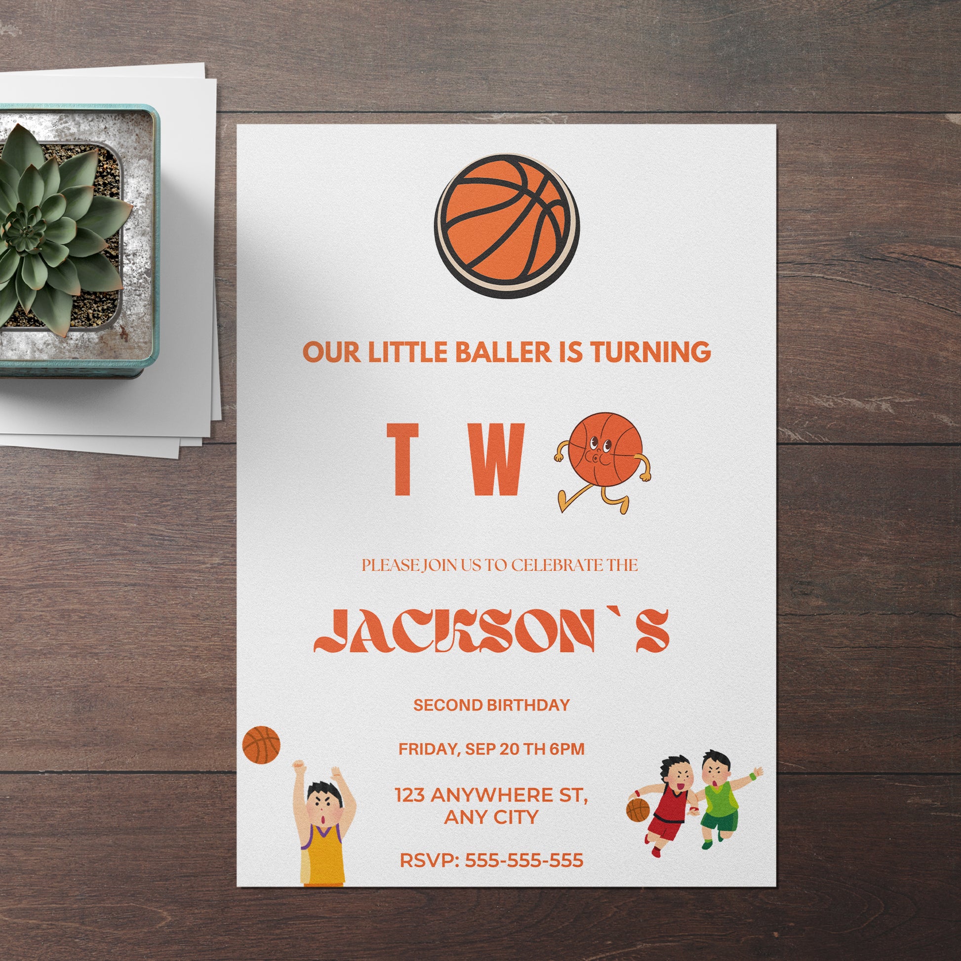 Rookie Of The Year Basketball Second Birthday Invitation Template | Our little baller turns two - CreativeRino