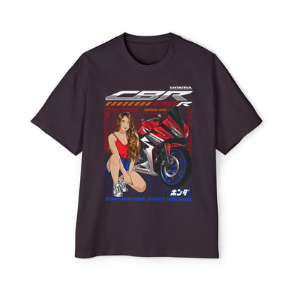 Men's Heavy Oversized Tee - Stop Waiting Start Winning - Honda Motorcycle Graphic T-shirt - CreativeRino