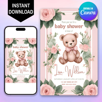 Teddy Bear Baby Shower Invitation Template - CreativeRino