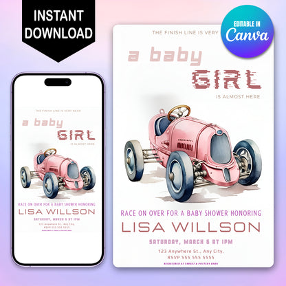 Car Girl Baby Shower Invitation Template - CreativeRino