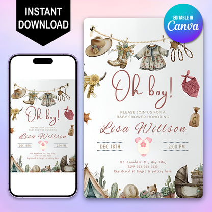 Cowgirl Baby Shower Invitation Template - CreativeRino