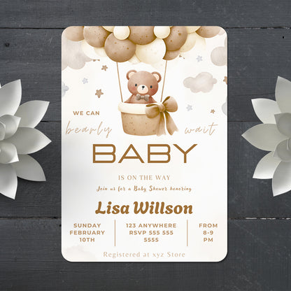 Teddy Bear Hot Air Balloon Baby Shower Invitation Template - CreativeRino