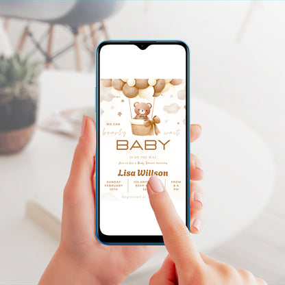 Teddy Bear Hot Air Balloon Baby Shower Invitation Template - CreativeRino