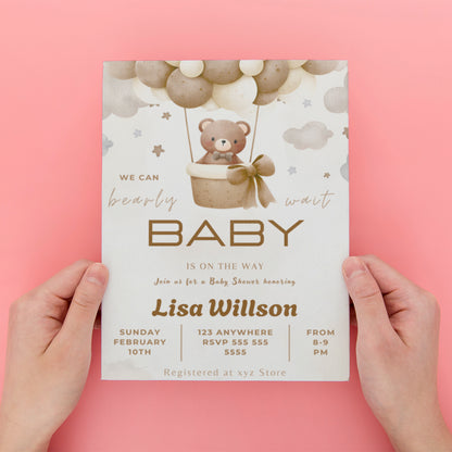 Teddy Bear Hot Air Balloon Baby Shower Invitation Template - CreativeRino