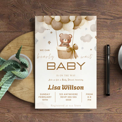 Teddy Bear Hot Air Balloon Baby Shower Invitation Template - CreativeRino