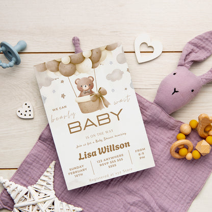 Teddy Bear Hot Air Balloon Baby Shower Invitation Template - CreativeRino