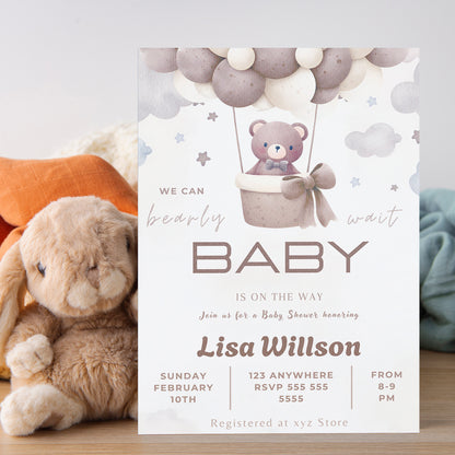 Teddy Bear Hot Air Balloon Baby Shower Invitation Template - CreativeRino