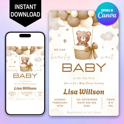 Teddy Bear Hot Air Balloon Baby Shower Invitation Template - CreativeRino