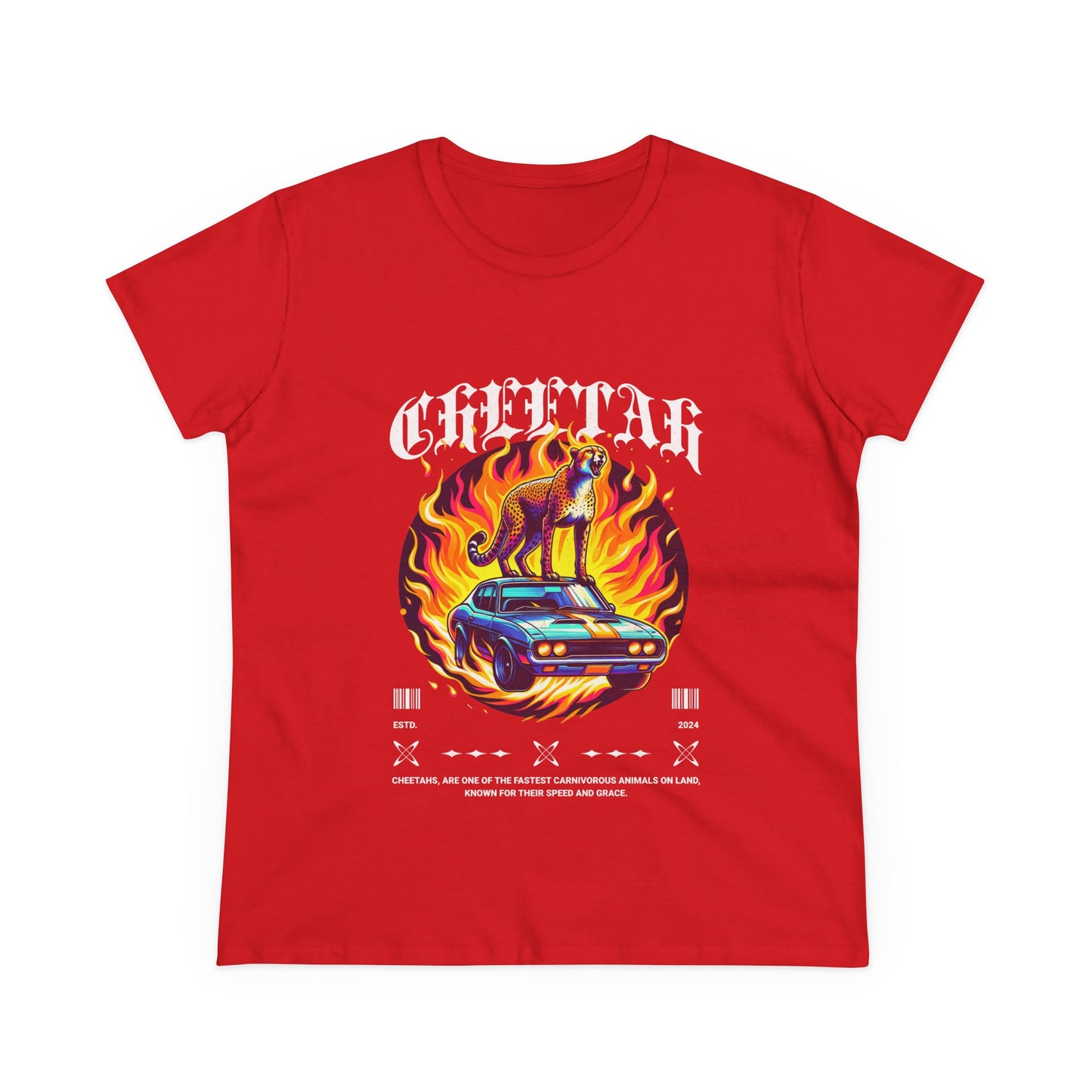 Cool Car and Cheetah Graphic Women's Tee Midweight Cotton T-shirt - CreativeRino