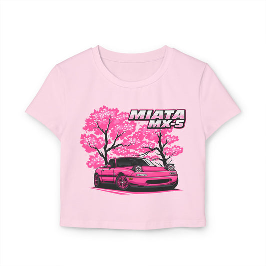 Women's Miata MX-5 Baby Tee | Pink Cherry Blossom Design | Car Enthusiast Shirt - CreativeRino