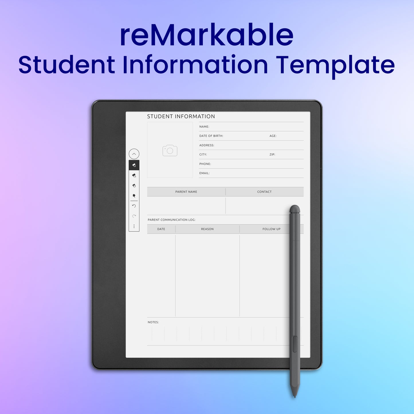 reMarkable 2 Student Information Template Planner Template