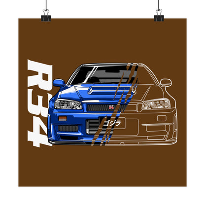 R34 Skyline Matte Square Poster - Car Enthusiast Wall Art, Automotive Decor, Gift for Gearheads - CreativeRino