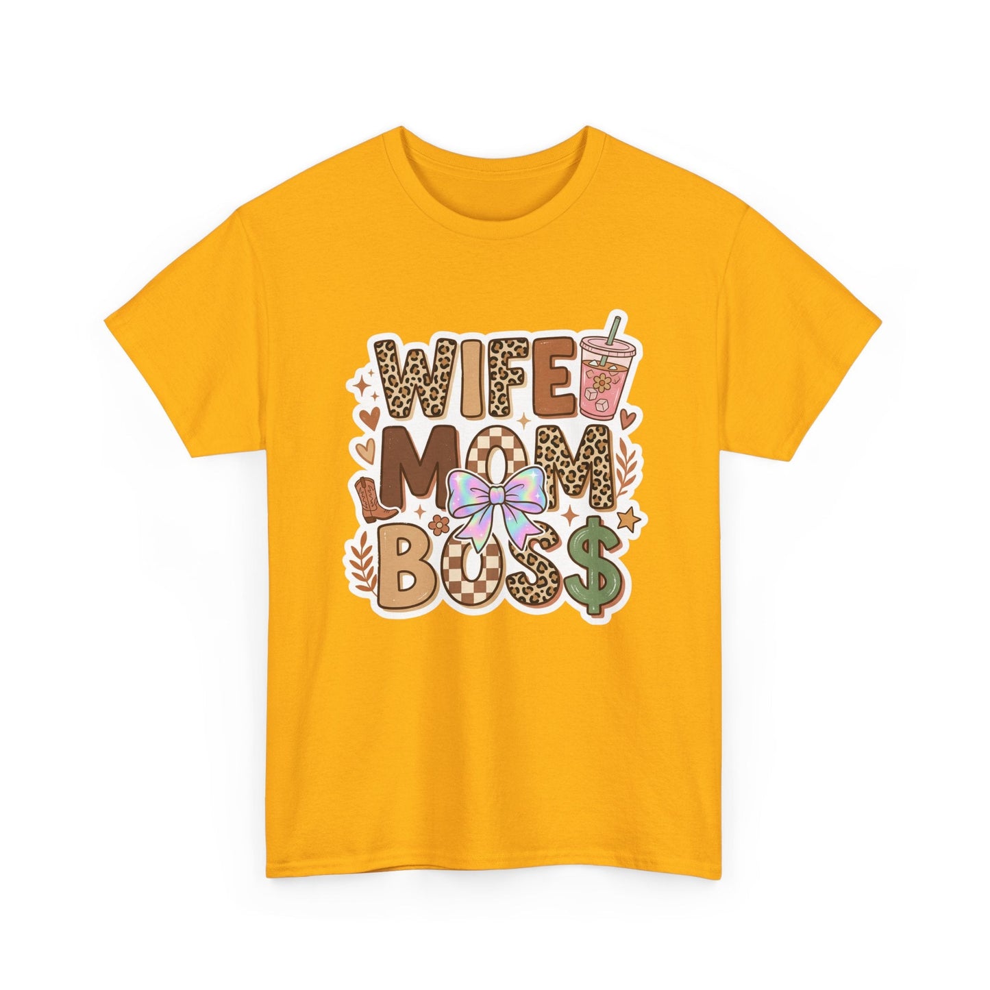 Wife Mom Boss Leopard Graphic Tee – Cute Mom Life Shirt with Bow & Coffee Printify