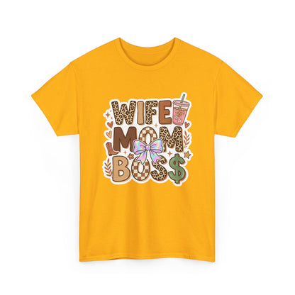 Wife Mom Boss Leopard Graphic Tee – Cute Mom Life Shirt with Bow & Coffee Printify