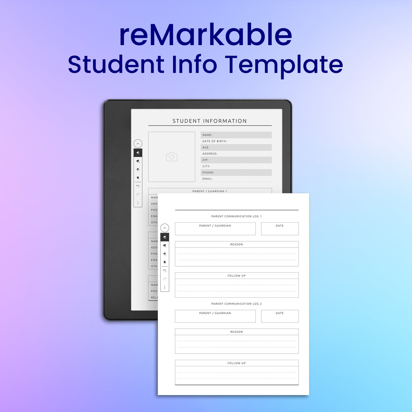 reMarkable 2 Student Info Template Planner Template