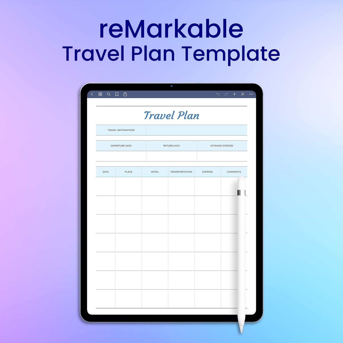 reMarkable 2 Travel Plan Template Planner Template