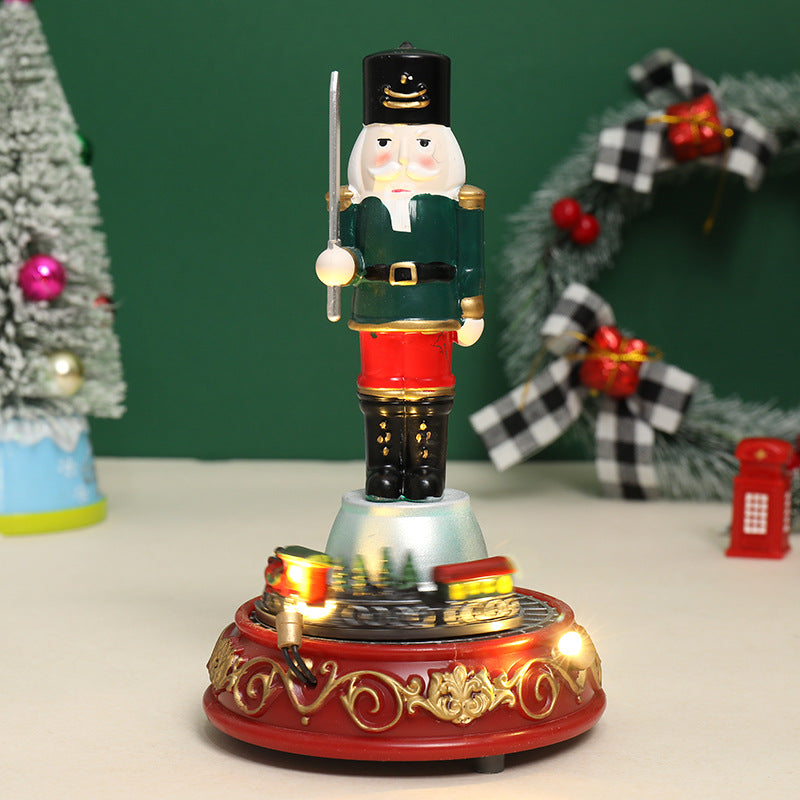 Luminous Musical Christmas Village Ornament Decor | Resin Walnut Soldier, Rotating Train & House eprolo