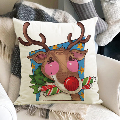Festive Reindeer Print Linen Pillow Cover | Christmas Holiday Sofa Decoration eprolo