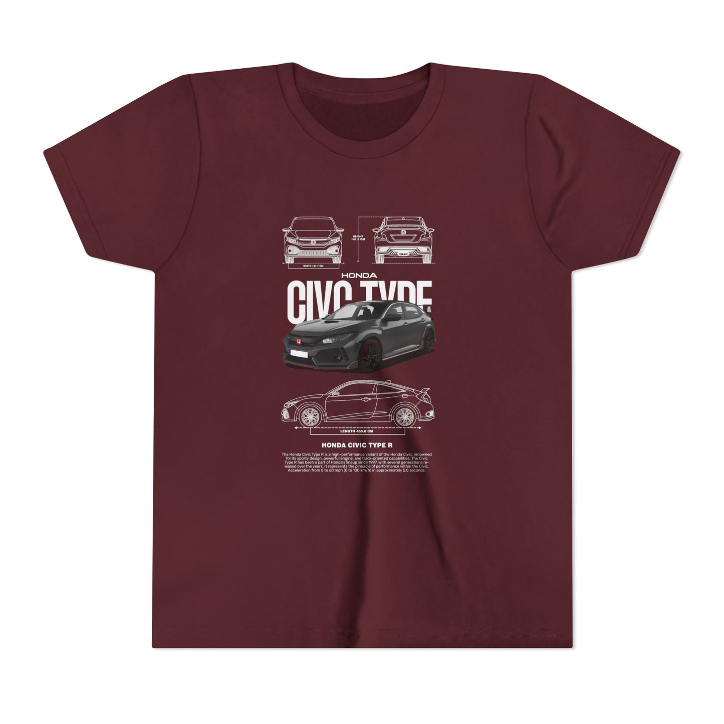 Honda Civic Type R Youth Short Sleeve Tee - Cool Car Graphic Tee for Young Car Enthusiasts - CreativeRino