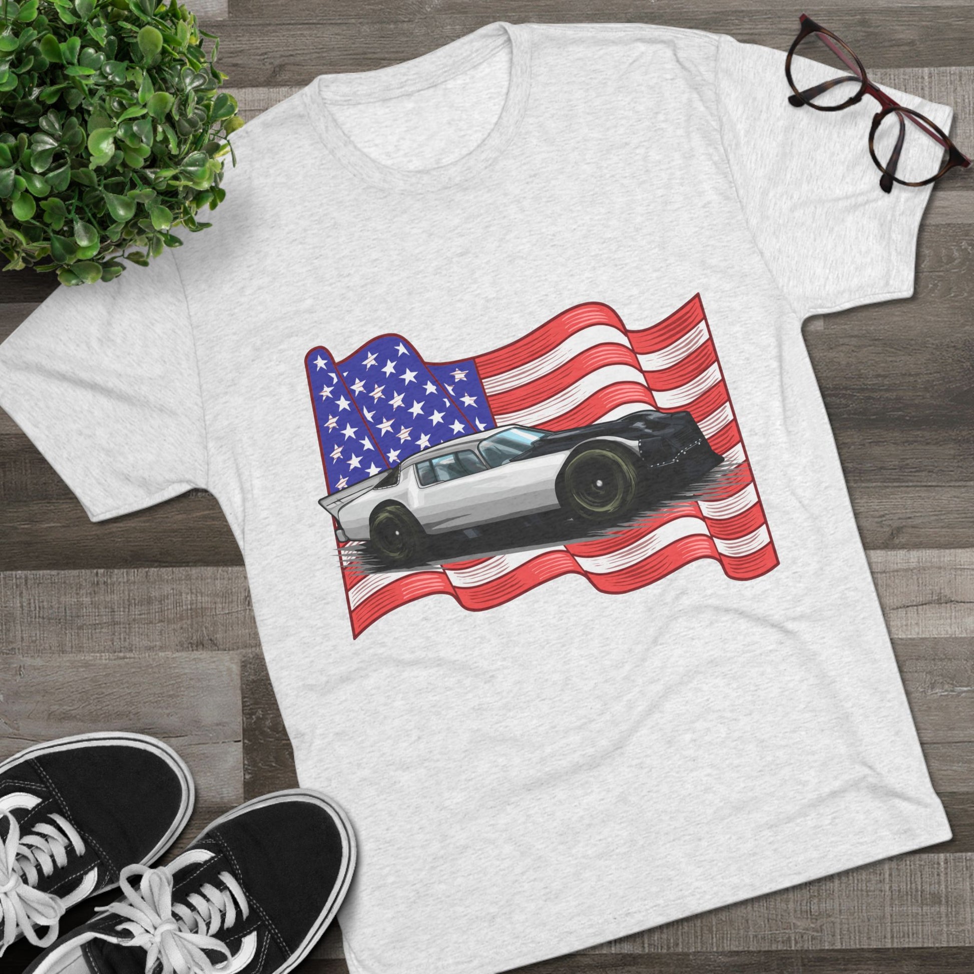 American Flag Car Unisex Tri-Blend Crew Tee - CreativeRino