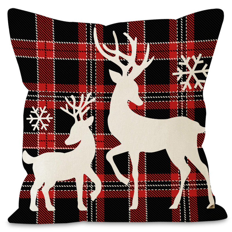 Christmas Reindeer & Snowflake Grid Pillow Cover | Printed Linen Cushion Case for Holiday Sofa Decor eprolo