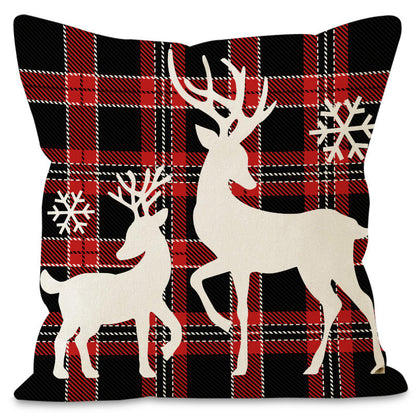 Christmas Reindeer & Snowflake Grid Pillow Cover | Printed Linen Cushion Case for Holiday Sofa Decor eprolo