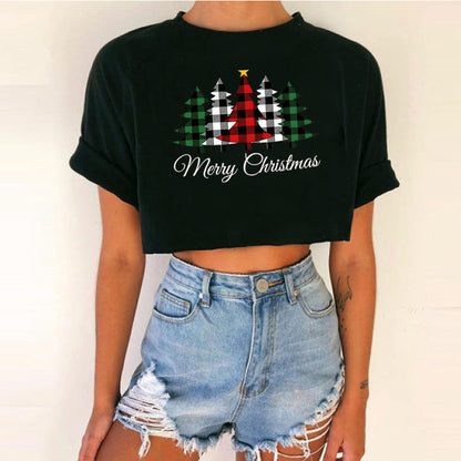 Spicy Girl Christmas Crop Top T-Shirt | INS Style Short Sleeve Round Neck | Trendy Festive Night Out Basic eprolo
