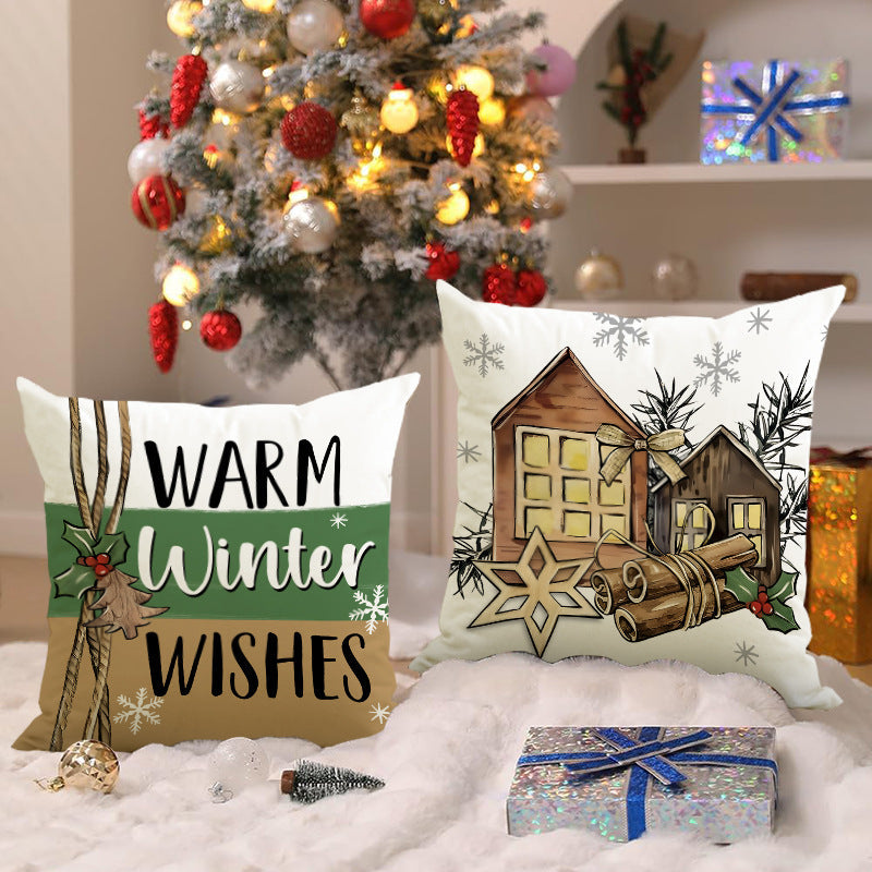Green Christmas Tree & Snowflake Linen Pillow Cover | Festive Letter Printed Cushion Case for Holiday Decor eprolo